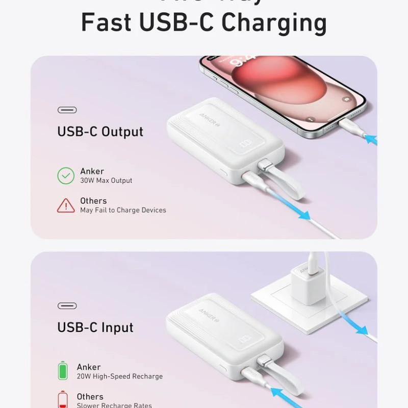 Anker Power Bank, Built-In USB-C Cable, 30W | A1688H21 | 10000 mAh | White