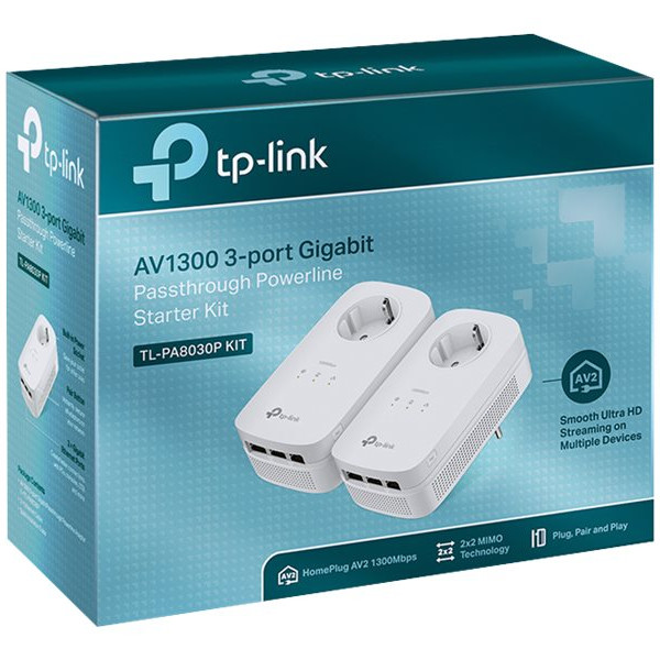 TP-LINK | AV1300 Gigabit Powerline ar caurlaidi Starta komplekts | TL-PA8030P KIT | 1300 Mbit/s | Ethernet LAN (RJ-45) porti 3 | Bez Wi-Fi | Ar papildu kontaktligzdu