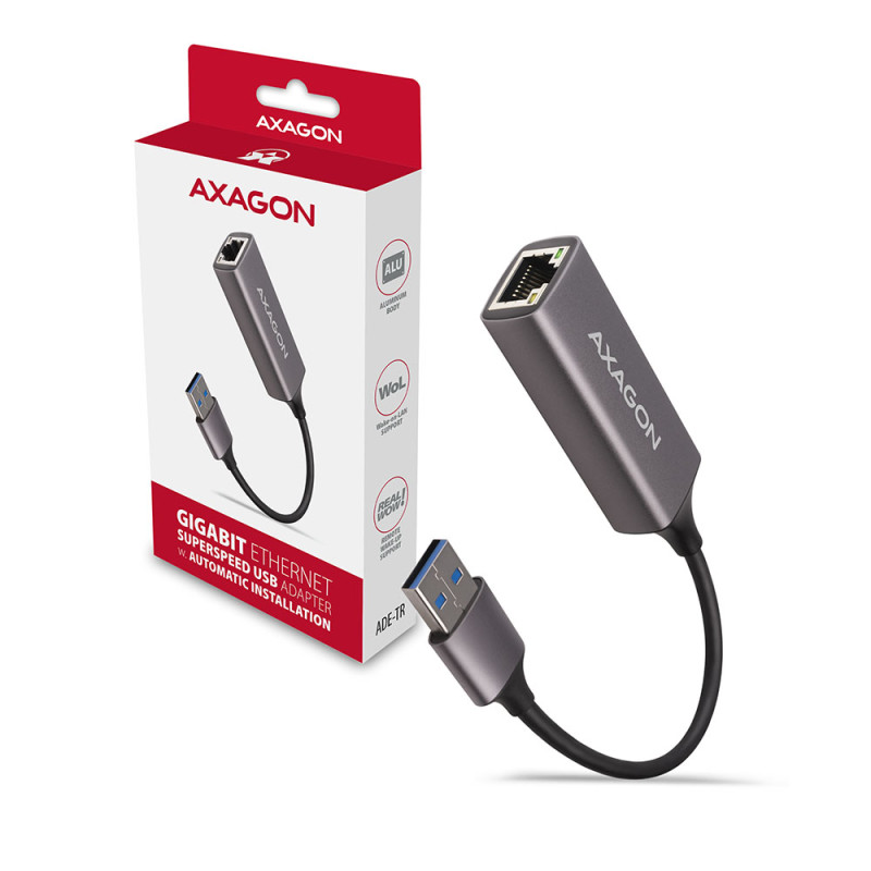 AXAGON ADE-TR Kompakts alumīnija USB 3.2 Gen 1 Gigabit Ethernet 10/100/1000 Mbit adapteris ar automātisku instalāciju