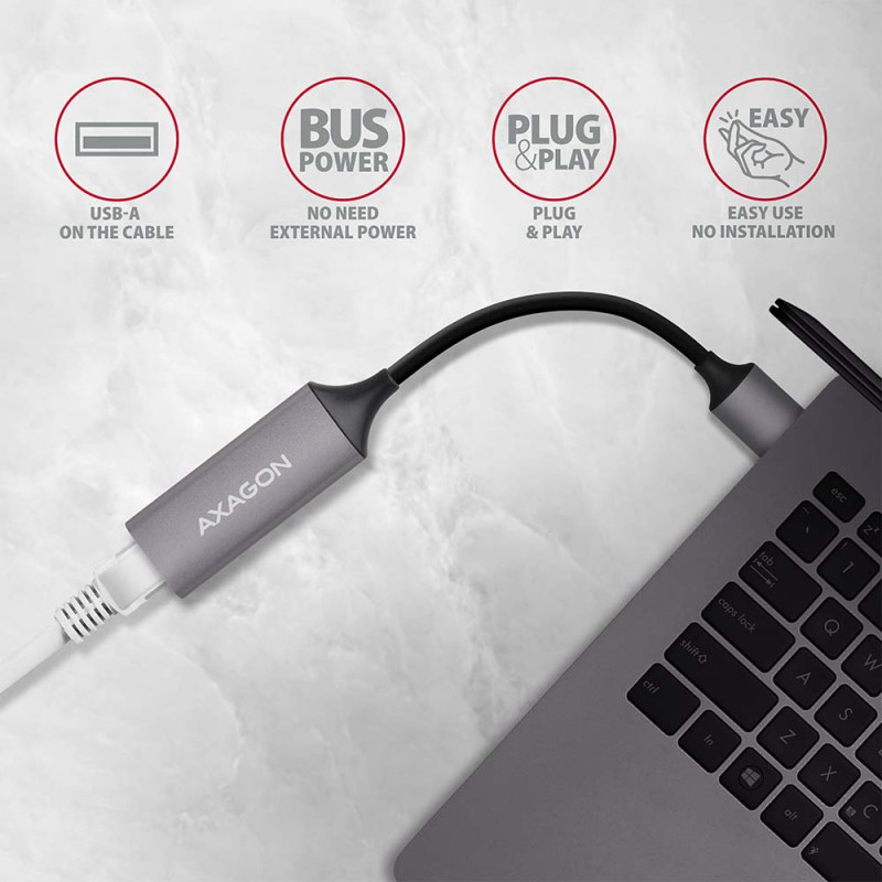 AXAGON ADE-TR Kompakts alumīnija USB 3.2 Gen 1 Gigabit Ethernet 10/100/1000 Mbit adapteris ar automātisku instalāciju