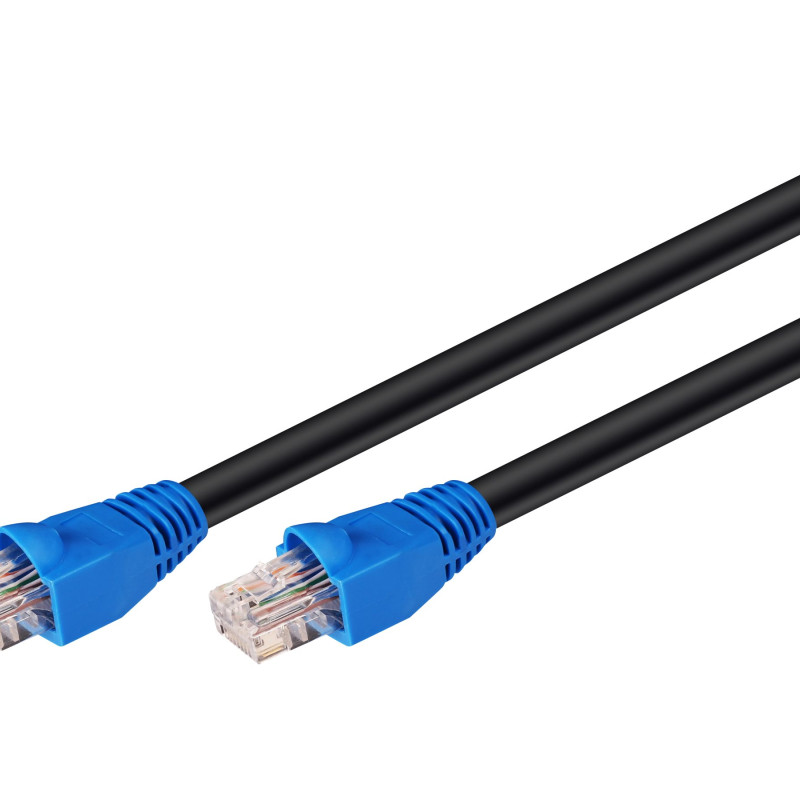 CAT 6 Outdoor-patch cable U/UTP | 94389 | Prewired, unshielded LAN cable with RJ45 plugs for connecting network components; Double-layer polyethylene jacket protects the network cable outdoors and makes it extremely weather-resistant; The outdoor Ethernet cable is ideal for the garden, balcony, camping, building facades and surveillance cameras; High-quality copper-clad aluminium wire (CCA) and gold-plated contacts guarantee an excellent, powerful network connection; Latch protection on the RJ45