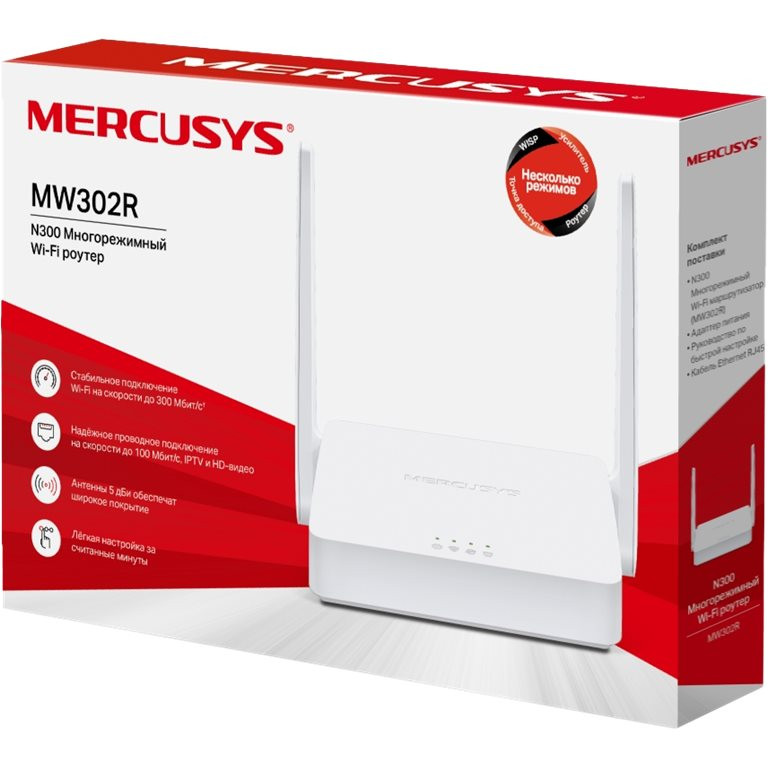 Mercusys | Multi-Mode Wireless N maršrutētājs | MW302R | 802.11n | 300 Mbit/s | 10/100 Mbit/s | Ethernet LAN (RJ-45) porti 2 | Mesh atbalsts Nav | MU-MIMO Nav | Bez mobilā platjoslas | Antenas tips 2xFiksētas | Nav
