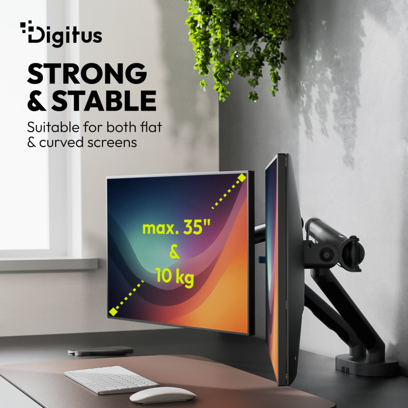 Digitus Desk Mount | Slīpums, rotācija, pagriešana | Dubultā dizaina monitora statīvs, 2x 35", 2x 10 kg | 35" | Maksimālais svars (kapacitāte) 20 kg | Melns