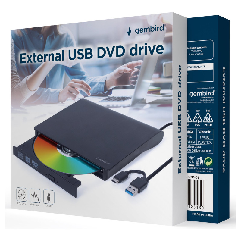 Gembird Ārējais USB DVD draiveris | DVD-USB-031 | Interfeiss USB Type-C (vīrietis), USB 3.1 Gen.1 | DVD±R/RW / CD±R/RW | CD lasīšanas ātrums 24x | CD rakstīšanas ātrums 24x | Melns