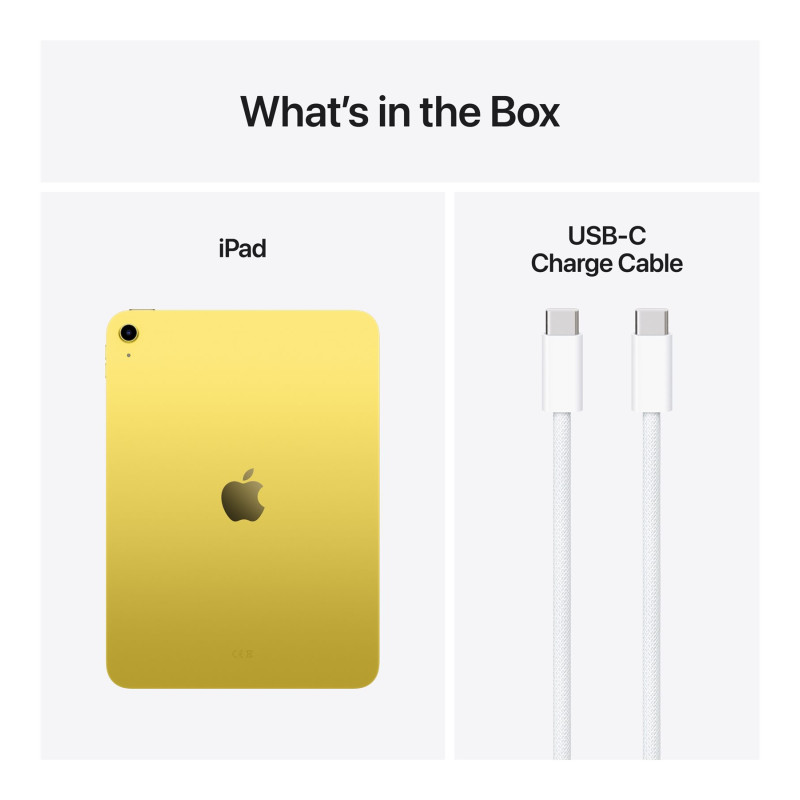 Apple | iPad | 11 " | Yellow | IPS, Liquid Retina | 2360 x 1640 pixels | Apple A16 | 512 GB | Wi-Fi | Front camera | 12 MP | Rear camera | 12 MP | Bluetooth | 5.3 | iPadOS | USB-C charging cable