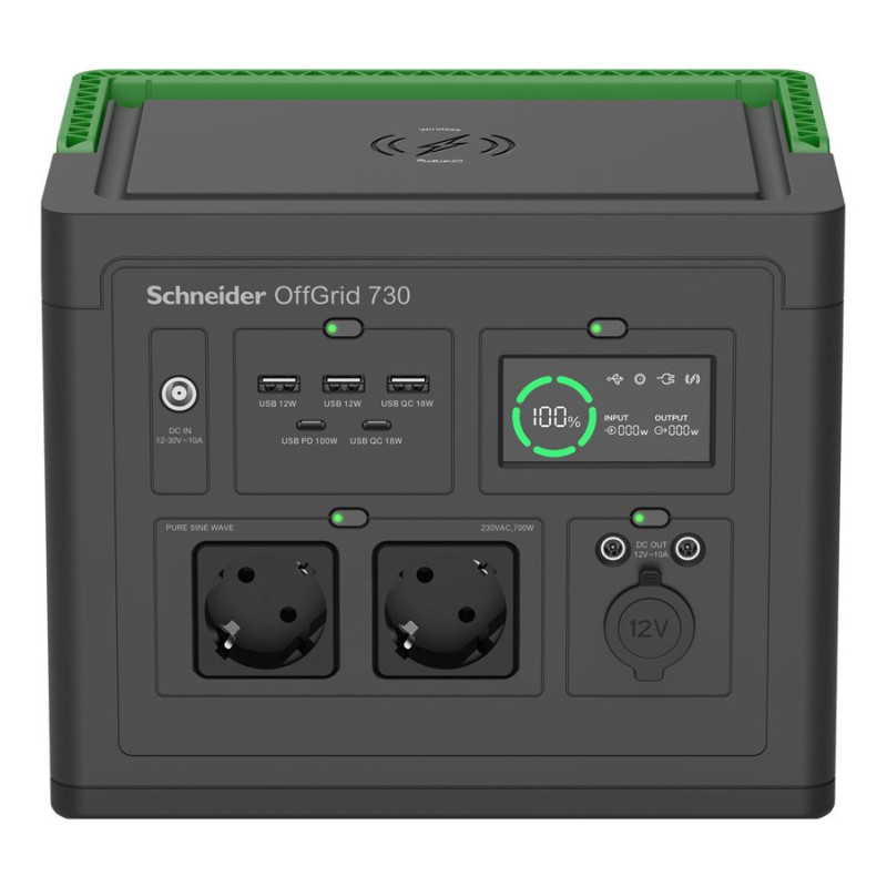 Schneider Electric OffGrid pārnēsājamā elektroenerģijas stacija 730, 738Wh litija jonu, LCD, 2 CEE 7/3 Schuko kontaktligzdas, sinuss vilnis, 3 USB-A, 2 USB-C, bezvadu lādētājs | PPS730-GR