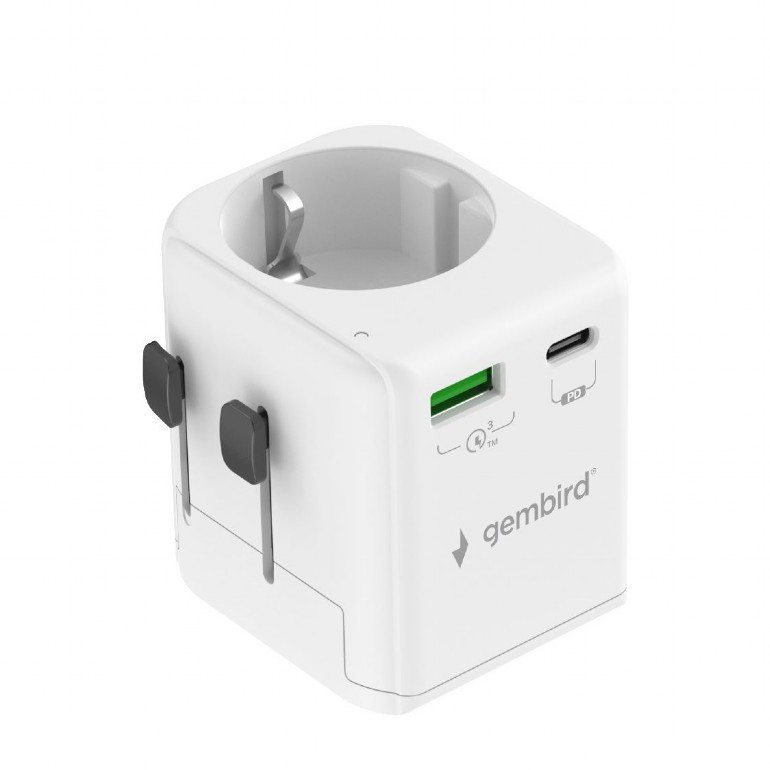 Gembird Zemējams universāls ceļojumu barošanas adapters, 20 W | TPA-EU1A1C20-01-W