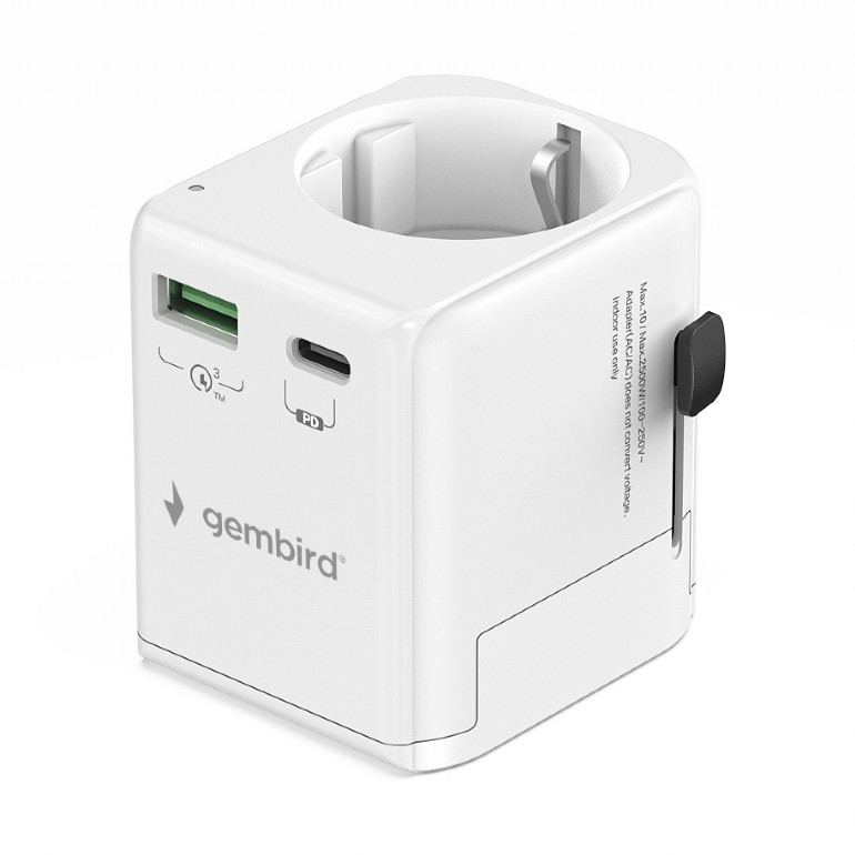 Gembird Zemējams universāls ceļojumu barošanas adapters, 20 W | TPA-EU1A1C20-01-W
