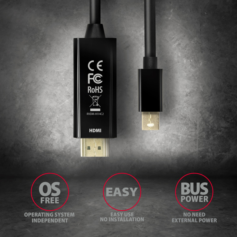 AXAGON MINI DP uz HDMI kabelis, 1.8 m, 4K/30Hz | RVDM-HI14C2 | 1.8 m