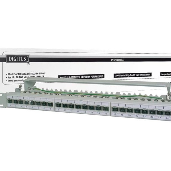 Digitus | CAT 6A komutācijas panelis, aizsargāts, 1U, 24 porta | RJ45, 8P8C | Pelēks