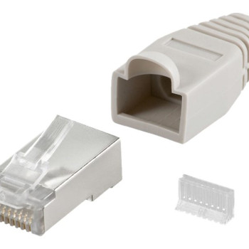 Goobay 68746 RJ45 spraudnis, CAT 5e STP ekranēts ar atslogojošu gumijotni, pelēks | priekš apaļa kabeļa ar izvadi 6,4 mm vienā iepakojumā (1 komplekts polipropilēna maisiņā)