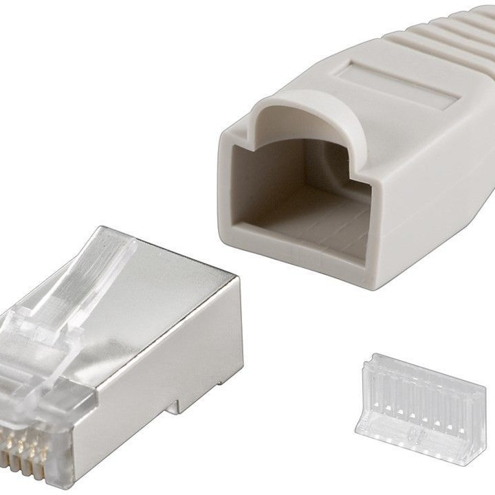 Goobay 68746 RJ45 spraudnis, CAT 5e STP ekranēts ar atslogojošu gumijotni, pelēks | priekš apaļa kabeļa ar izvadi 6,4 mm vienā iepakojumā (1 komplekts polipropilēna maisiņā)