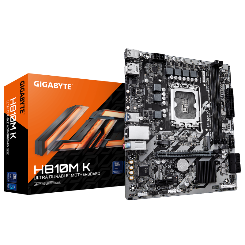 Gigabyte H810M K | Processor family Intel | Processor socket LGA1851 | DDR5 | Supported hard disk drive interfaces M.2, SATA | Number of SATA connectors 4