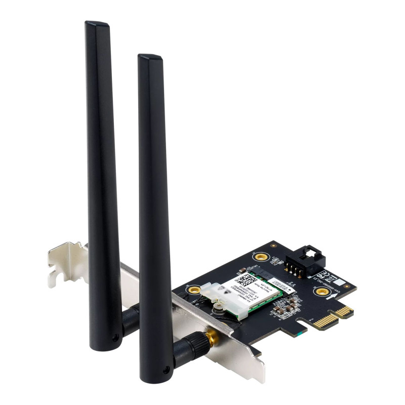 Asus | AX1800 divu joslu Bluetooth 5.2 PCIe Wi‑Fi adapteris | PCE-AX1800 | 802.11ax | 574+1201 Mbit/s | Bez Mesh atbalsta | MU‑MIMO Jā | Nav mobilā platjosla | Antenas tips: ārējā