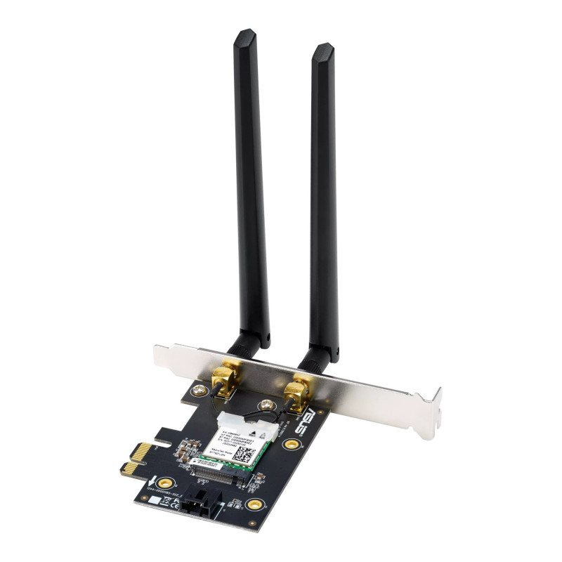 Asus | AX1800 divu joslu Bluetooth 5.2 PCIe Wi‑Fi adapteris | PCE-AX1800 | 802.11ax | 574+1201 Mbit/s | Bez Mesh atbalsta | MU‑MIMO Jā | Nav mobilā platjosla | Antenas tips: ārējā