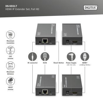 Digitus | HDMI IP paplašinātāju komplekts, Full HD, 120 m | DS-55517
