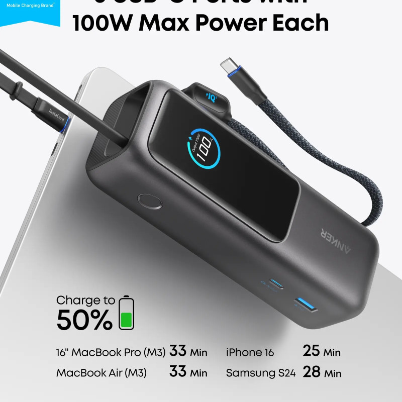 Anker Zolo Powerbank | A1695H11 | 25000 mAh | Iebūvēts USB-C un izvelkamais kabelis | Pelēks
