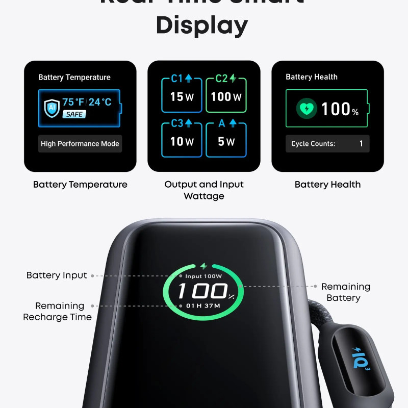 Anker Zolo Powerbank | A1695H11 | 25000 mAh | Iebūvēts USB-C un izvelkamais kabelis | Pelēks