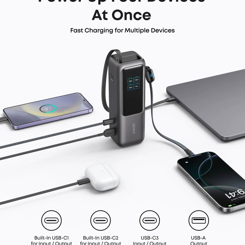 Anker Zolo Powerbank | A1695H11 | 25000 mAh | Iebūvēts USB-C un izvelkamais kabelis | Pelēks