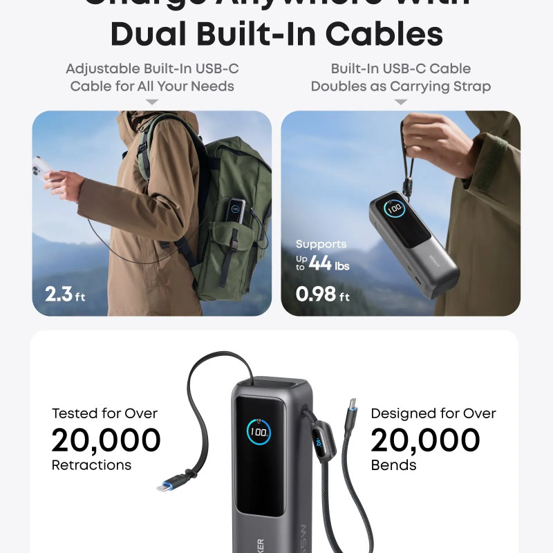 Anker Zolo Powerbank | A1695H11 | 25000 mAh | Iebūvēts USB-C un izvelkamais kabelis | Pelēks