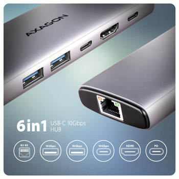 AXAGON daudzportu USB-C 10Gbps koncentrators | HMC-6G2L