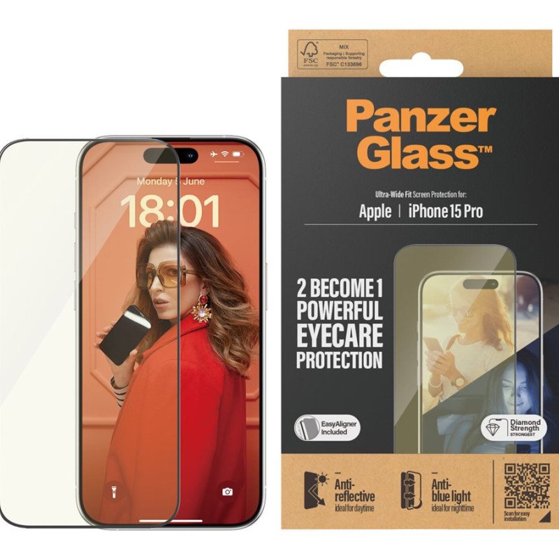 PanzerGlass | Ekrāna aizsargstikls | Apple | iPhone 15 Pro | Stikls | Caurspīdīgs | Ultra-Wide Fit; Viegla uzstādīšana; Pretpirkstu nospiedumu; Pret zilās gaismas; Pretatstarojošs; Pretdzeltēšana | Acu aizsardzība