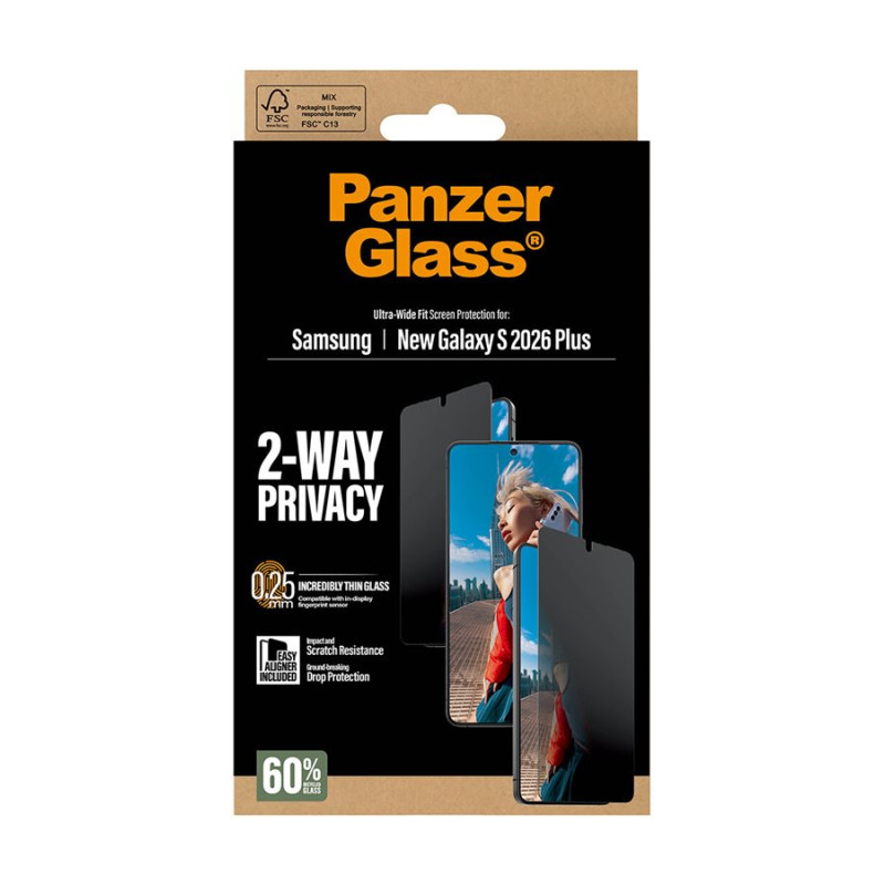 PanzerGlass 2-virzienu privātuma ekrāna aizsargs Samsung New Galaxy S26 Plus | Ultra-Wide Fit ar EasyAligner | PanzerGlass
