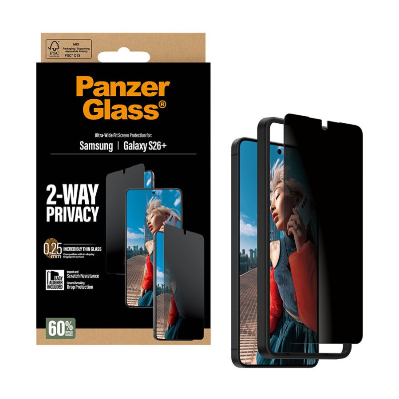 PanzerGlass 2-virzienu privātuma ekrāna aizsargs Samsung New Galaxy S26 Plus | Ultra-Wide Fit ar EasyAligner | PanzerGlass