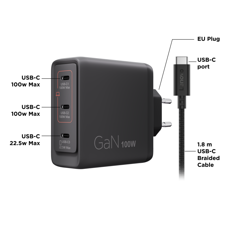Lenovo daudzportu USB-C GaN lādētājs | 100 W