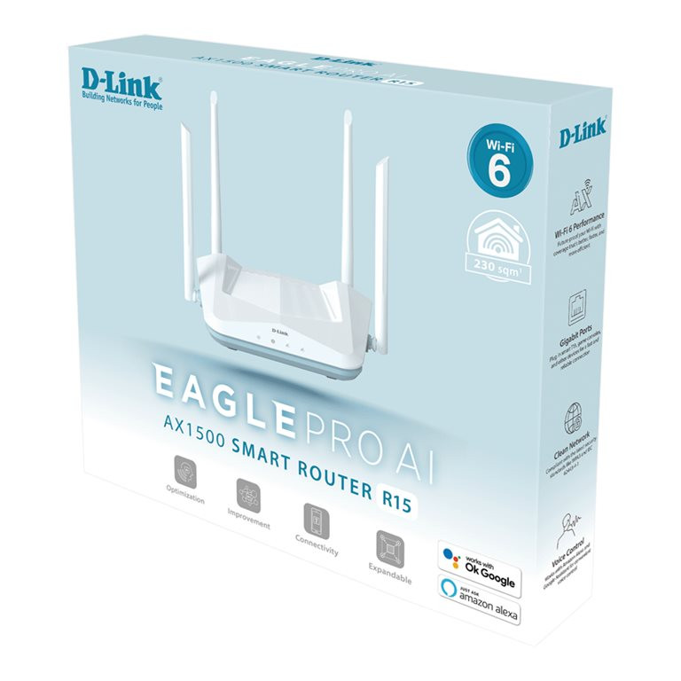 D-Link | AX1500 Smart Router | R15 | 802.11ax | 1200+300  Mbit/s | 10/100/1000 Mbit/s | Ethernet LAN (RJ-45) ports 3 | Mesh Support Yes | MU-MiMO Yes | No mobile broadband | Antenna type 4xExternal
