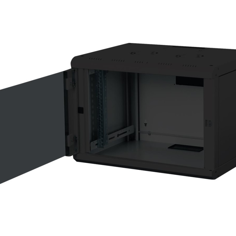 Digitus | Sienas stiprināms skapis | DN-19 07-U-SW | Aizsardzības klase: IP20; Priekšējās durvis: Stikla durvis, viena atvēršana; Skapja tips: Sienas stiprināms skapis; Iekārtu montāžas dziļums min.-maks.: 305-370 mm; Slodzes kapacitāte: 100 kg; Izmēri 420 x 600 x 450 mm, | Melns