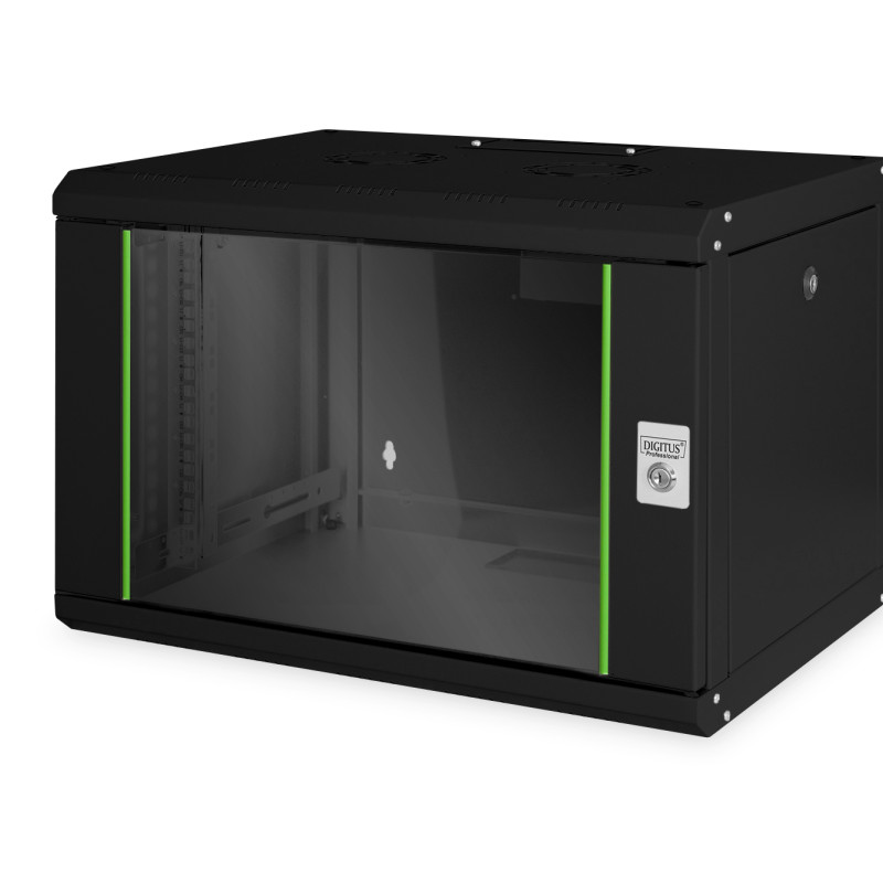 Digitus | Sienas stiprināms skapis | DN-19 07-U-SW | Aizsardzības klase: IP20; Priekšējās durvis: Stikla durvis, viena atvēršana; Skapja tips: Sienas stiprināms skapis; Iekārtu montāžas dziļums min.-maks.: 305-370 mm; Slodzes kapacitāte: 100 kg; Izmēri 420 x 600 x 450 mm, | Melns