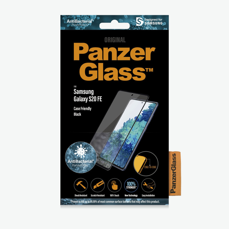 PanzerGlass | Samsng | Galaxy S21 FE CF | Hibrīdstikls | Melns | Antibakteriāls; Darbojas ar pirkstu nospieduma lasītāju ekrānā; Pilna rāmis seguma; Apaļotas malas | Ekrāna aizsargs