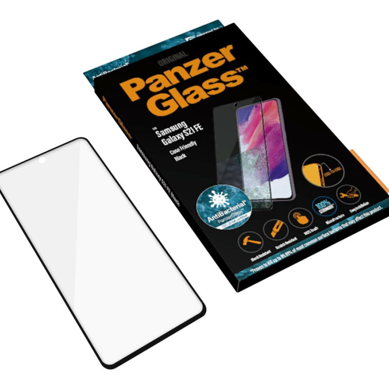 PanzerGlass | Samsng | Galaxy S21 FE CF | Hibrīdstikls | Melns | Antibakteriāls; Darbojas ar pirkstu nospieduma lasītāju ekrānā; Pilna rāmis seguma; Apaļotas malas | Ekrāna aizsargs