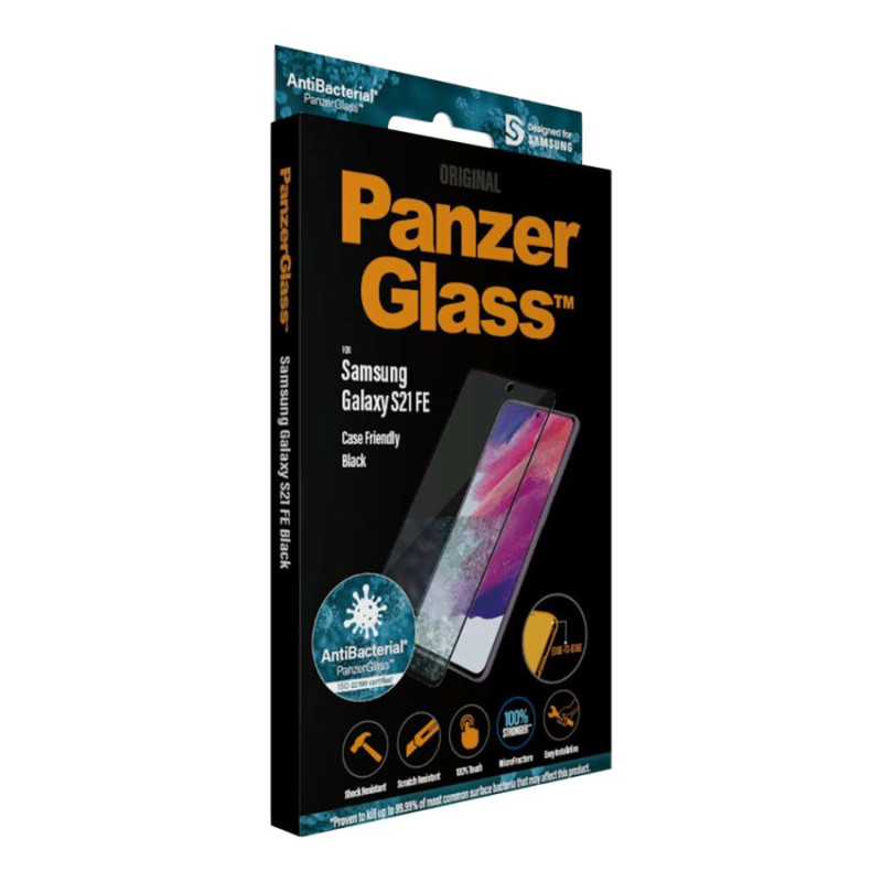 PanzerGlass | Samsng | Galaxy S21 FE CF | Hibrīdstikls | Melns | Antibakteriāls; Darbojas ar pirkstu nospieduma lasītāju ekrānā; Pilna rāmis seguma; Apaļotas malas | Ekrāna aizsargs