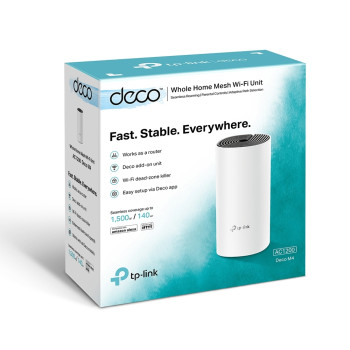 TP-LINK | AC1200 Whole Home Mesh WiFi sistēma | Deco M4 (1-pack) | 802.11ac | 867+300 Mbit/s | 10/100/1000 Mbit/s | Ethernet LAN (RJ-45) spraudni 2 | Tīklojuma atbalsts Jā | MU-MIMO Jā | Bez mobila platjoslas | Antenas tips 2xIekšējās