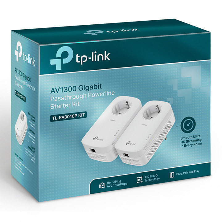 TP-LINK | AV1300 Gigabit Passthrough Powerline sākuma komplekts | TL-PA8010P KIT | 1300 Mbit/s | Ethernet LAN (RJ-45) porti 1 | Bez Wi-Fi | Papildu kontaktligzda