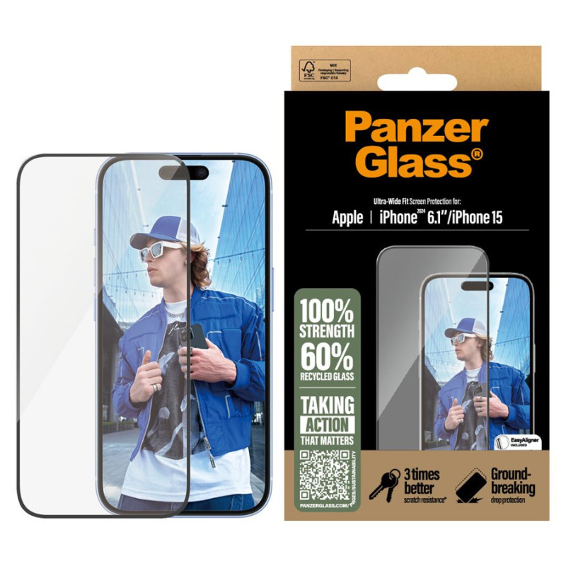 PanzerGlass Screen protector | Apple | iPhone 16/iPhone 15 | Glass | Transparent | Ultra-Wide Fit