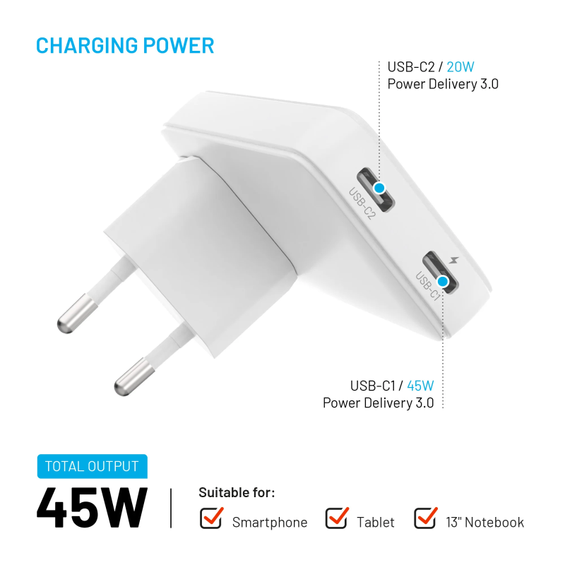 Fixed Slim Traveller 2xUSB-C ceļojumu lādētājs ar pasaules adapteriem, GaN, 45W | Balts