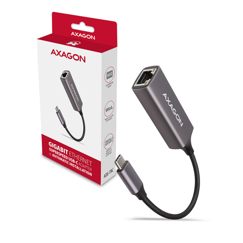AXAGON ADE-TRC Kompakts alumīnija USB-C 3.2 Gen 1 Gigabit Ethernet 10/100/1000Mbit adapters ar automātisku instalēšanu