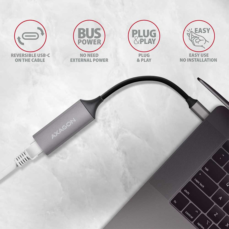 AXAGON ADE-TRC Kompakts alumīnija USB-C 3.2 Gen 1 Gigabit Ethernet 10/100/1000Mbit adapters ar automātisku instalēšanu
