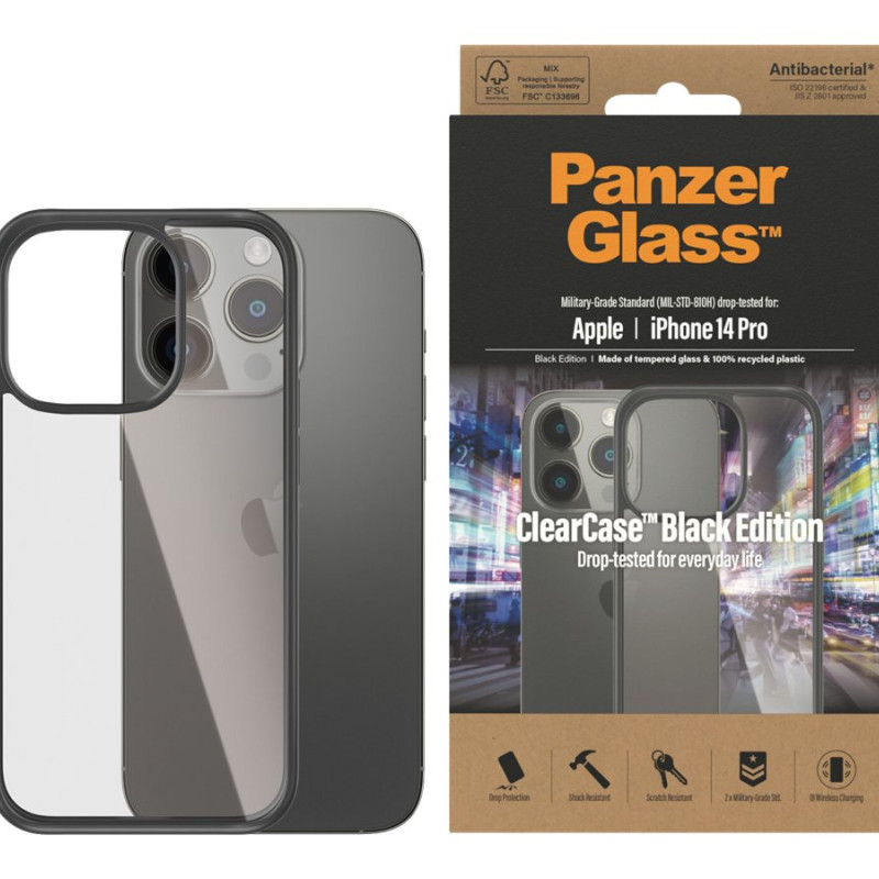 PanzerGlass | ClearCase ar melnu rāmi | Aizmugures vāciņš | Apple | iPhone 14 Pro | Melns | Militārā līmeņa standarts; Skrāpējumu izturīgs; Triecienizturīgs; Antibakteriāls; Rāmis no 100% pārstrādātas plastmasas