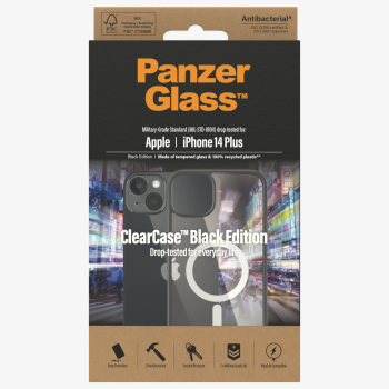 PanzerGlass | ClearCase ar melnu rāmi, savietojams ar MagSafe | Apple | iPhone 14 Plus | Caurspīdīgs | Savietojams ar MagSafe; Militārā izturības standarts; Rāmis no 100% pārstrādāta materiāla