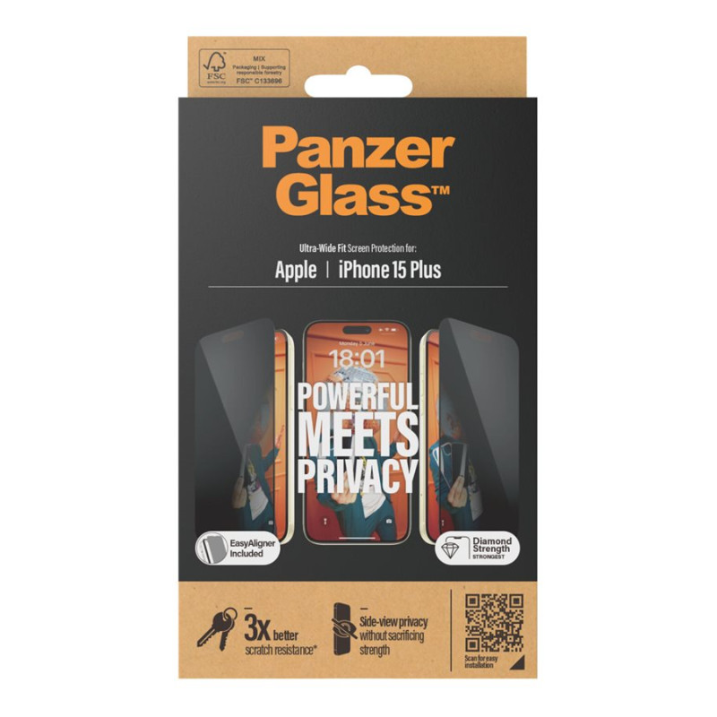 PanzerGlass Privacy Screen Protector iPhone 2023 6.7 | Ultra-Wide Fit w. EasyAligner | PanzerGlass | P2811 | Apple | Apple iPhone 15 Plus | Glass | Black/Transparent