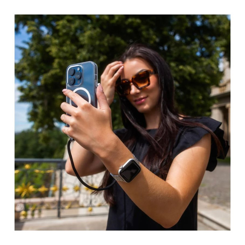 Fixed | MagPure Neck | Aizmugures vāciņš ar auklu | Apple | iPhone 16 Pro | TPU | Caurspīdīgs, melns