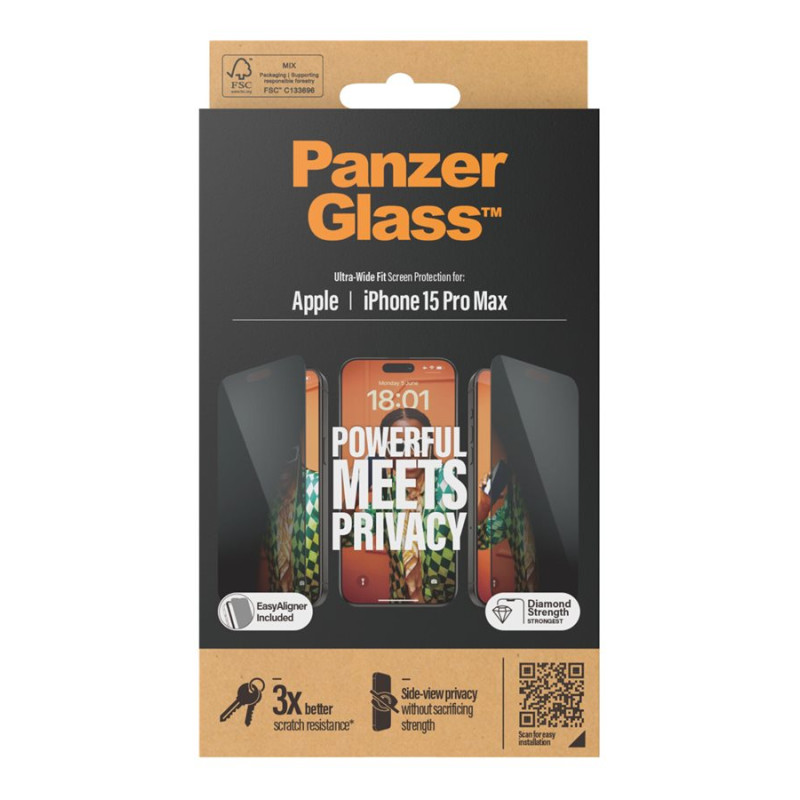 PanzerGlass | Privacy Screen Protector | Apple | iPhone 15 Pro Max | Tempered glass | Black | Ultra-Wide Fit W. Easyaligner