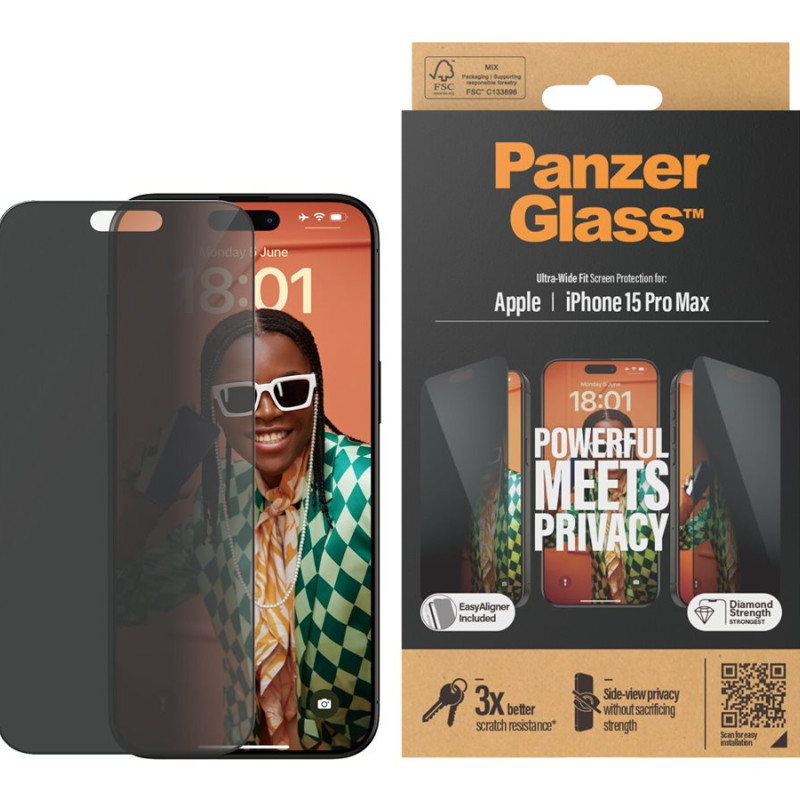 PanzerGlass | Privacy Screen Protector | Apple | iPhone 15 Pro Max | Tempered glass | Black | Ultra-Wide Fit W. Easyaligner