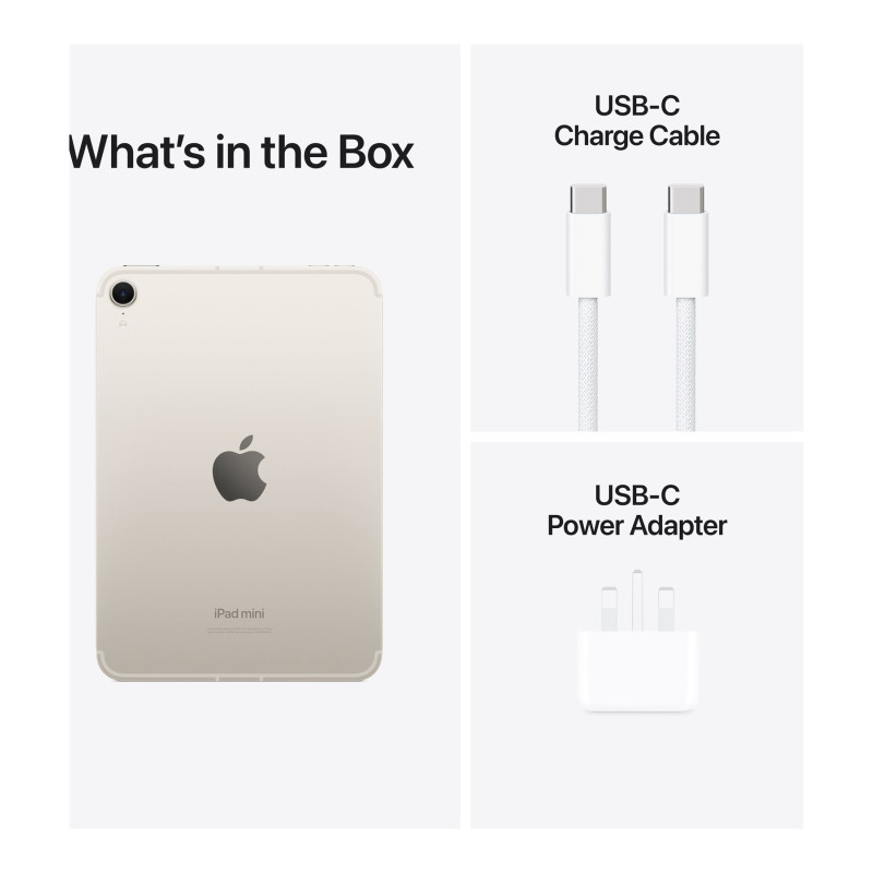 Apple | iPad mini Wi-Fi + Cellular | 8.3 " | Starlight | IPS | 2266 x 1488 pixels | Apple A17 Pro | 256 GB | 3G | 4G | 5G | Wi-Fi | Front camera | 12 MP | Rear camera | 12 MP | Bluetooth | 5.3 | iPadOS | USB-C charging cable
