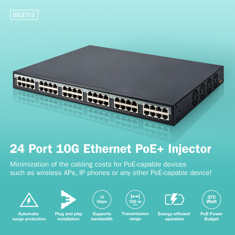 Digitus | 24 portu 10G Ethernet PoE+ injektors, 802.3at, 370 W | DN-95117