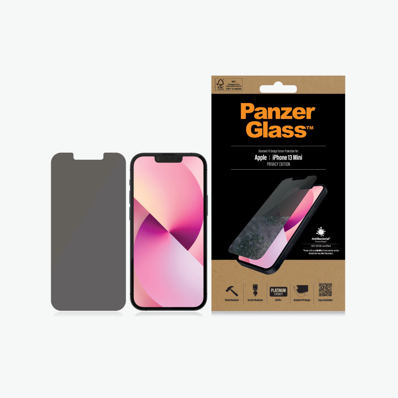 PanzerGlass | Apple | iPhone 13 Mini | Rūdīts stikls | Melns | Kristāltīrs; Izturīgs pret skrāpējumiem un baktērijām; Triecienus absorbējošs; Viegli uzstādāms | Privātuma ekrāna aizsargs